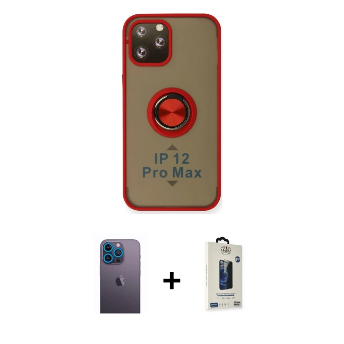 MARSİLYAN™- iPhone 12 Pro Max Kılıf Yörünge Çizgi - Siyah Bilvis Hayalet Cam Ekran Koruyucu + Neon Fosforlu Kamera Lens - MI