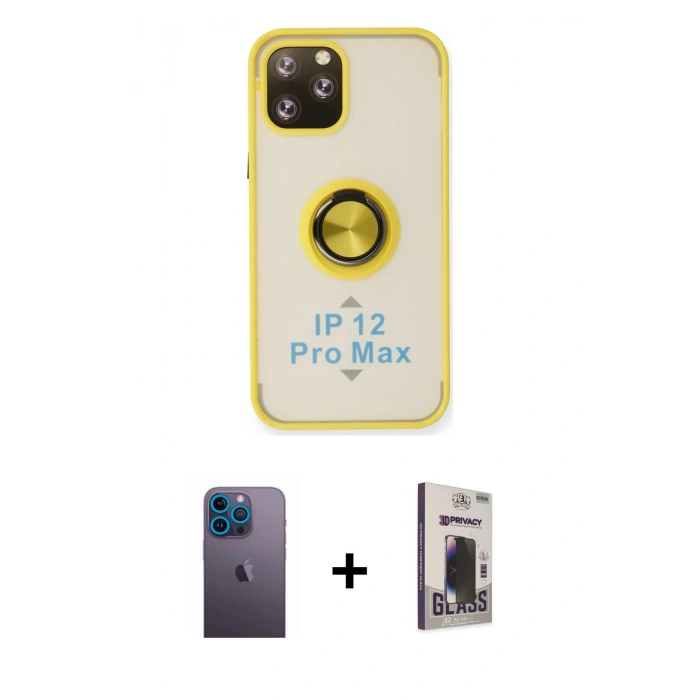 MARSİLYAN™- iPhone 12 Pro Max Kılıf Yörünge Çizgi - Siyah Bilvis Hayalet Cam Ekran Koruyucu + Neon Fosforlu Kamera Lens - MI