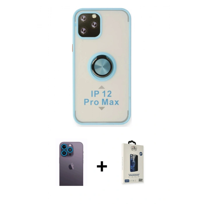 MARSİLYAN™- iPhone 12 Pro Max Kılıf Yörünge Çizgi - Siyah Bilvis Hayalet Cam Ekran Koruyucu + Neon Fosforlu Kamera Lens - MI
