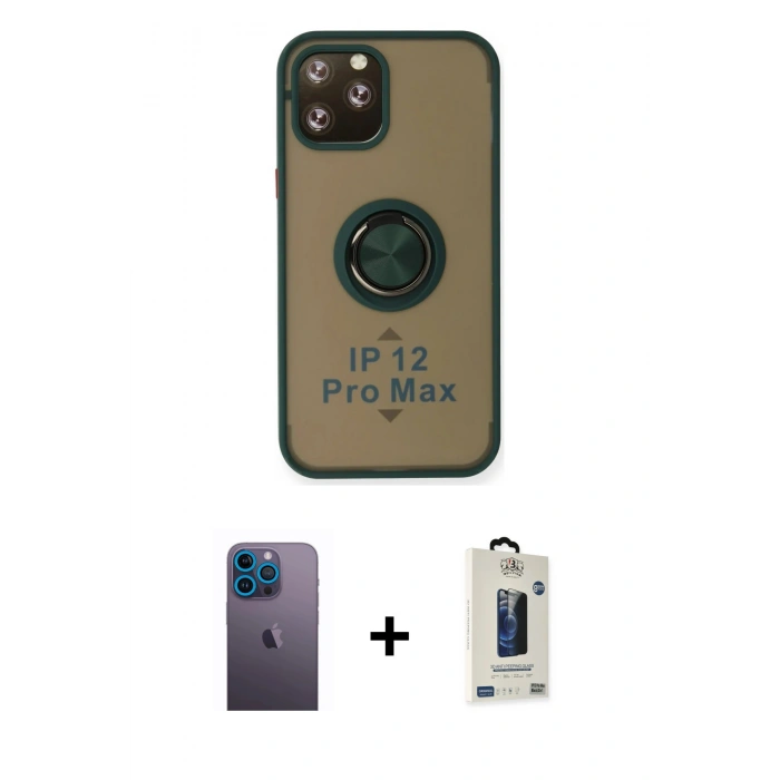 MARSİLYAN™- iPhone 12 Pro Max Kılıf Yörünge Çizgi - Siyah Bilvis Hayalet Cam Ekran Koruyucu + Neon Fosforlu Kamera Lens - MI