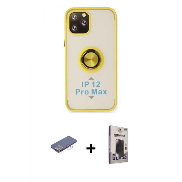 MARSİLYAN™- iPhone 12 Pro Max Kılıf Yörünge Çizgi - Siyah Bilvis Hayalet Cam Ekran Koruyucu + Renkli Kamera Lens Koruma Cam - MI