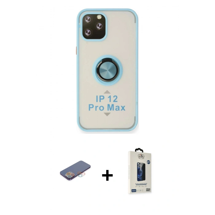 MARSİLYAN™- iPhone 12 Pro Max Kılıf Yörünge Çizgi - Siyah Bilvis Hayalet Cam Ekran Koruyucu + Renkli Kamera Lens Koruma Cam - PE