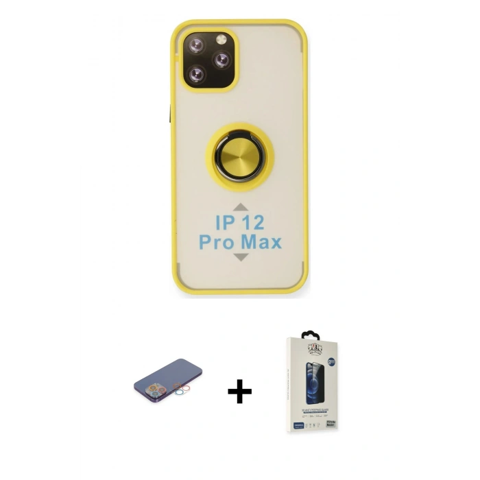 MARSİLYAN™- iPhone 12 Pro Max Kılıf Yörünge Çizgi - Siyah Bilvis Hayalet Cam Ekran Koruyucu + Renkli Kamera Lens Koruma Cam - PE