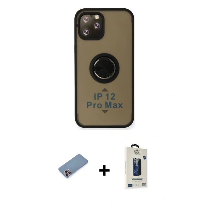 MARSİLYAN™- iPhone 12 Pro Max Kılıf Yörünge Çizgi - Siyah Bilvis Hayalet Cam Ekran Koruyucu + Shine Kamera Lens Koruma Cam - PE