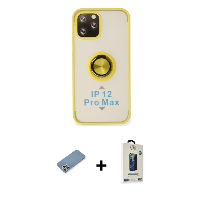MARSİLYAN™- iPhone 12 Pro Max Kılıf Yörünge Çizgi - Siyah Bilvis Hayalet Cam Ekran Koruyucu + Shine Kamera Lens Koruma Cam - GS