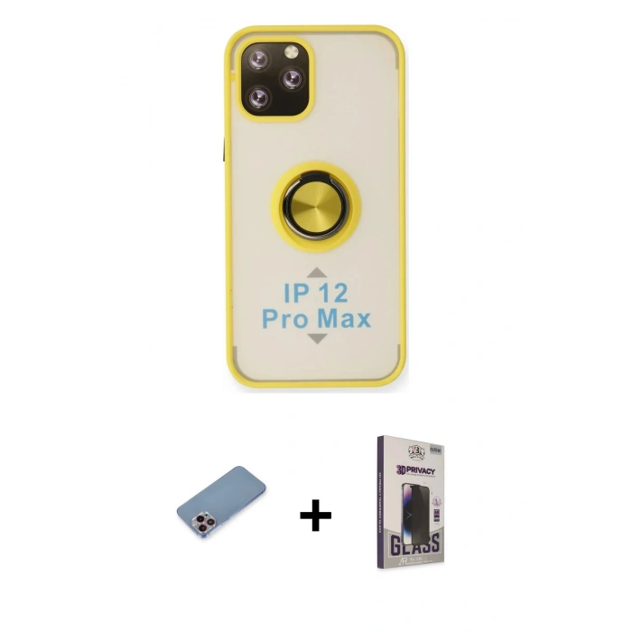 MARSİLYAN™- iPhone 12 Pro Max Kılıf Yörünge Çizgi - Siyah Bilvis Hayalet Cam Ekran Koruyucu + Shine Kamera Lens Koruma Cam - PE
