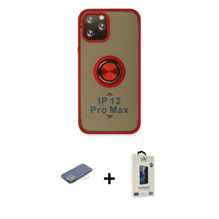 MARSİLYAN™- iPhone 12 Pro Max Kılıf Yörünge Çizgi - Siyah Bilvis Hayalet Cam Ekran Koruyucu + Renkli Kamera Lens Koruma Cam - YL