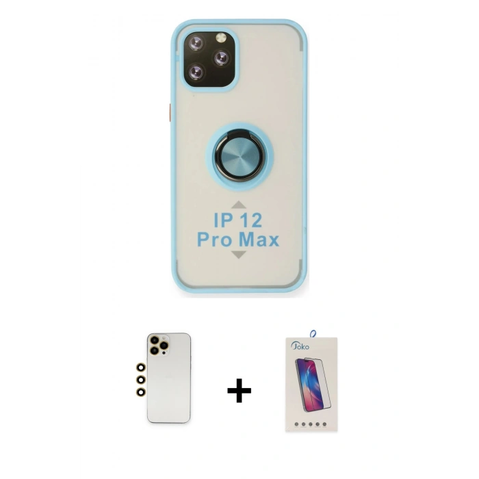 MARSİLYAN™- iPhone 12 Pro Max Kılıf Yörünge Çizgi - Siyah Joko 5D Cam + Gold Shine Kamera Lens