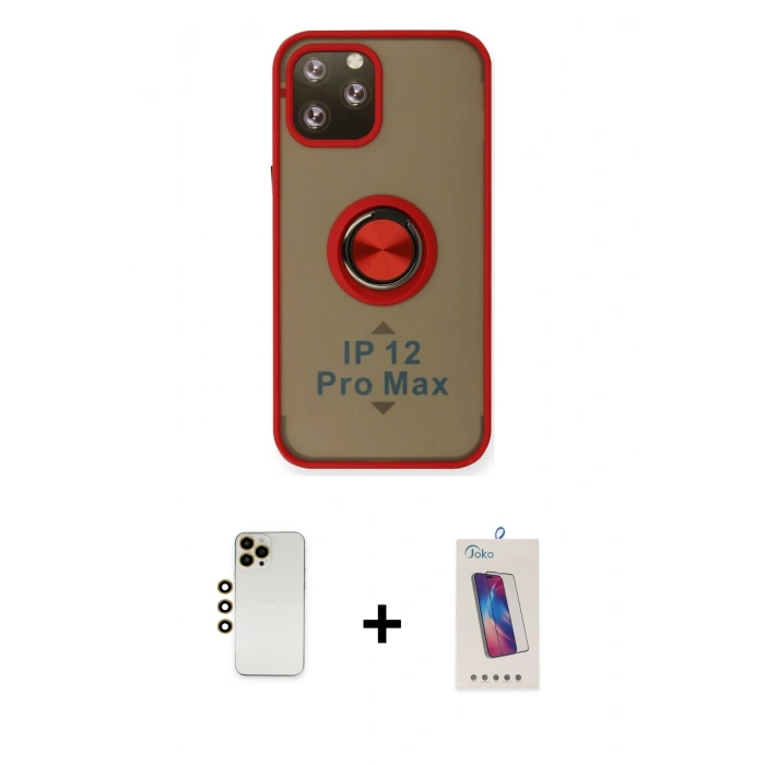 MARSİLYAN™- iPhone 12 Pro Max Kılıf Yörünge Çizgi - Siyah Joko 5D Cam + Gold Shine Kamera Lens