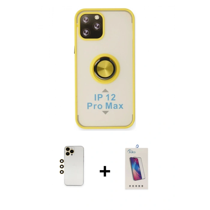 MARSİLYAN™- iPhone 12 Pro Max Kılıf Yörünge Çizgi - Siyah Joko 5D Cam + Gold Shine Kamera Lens