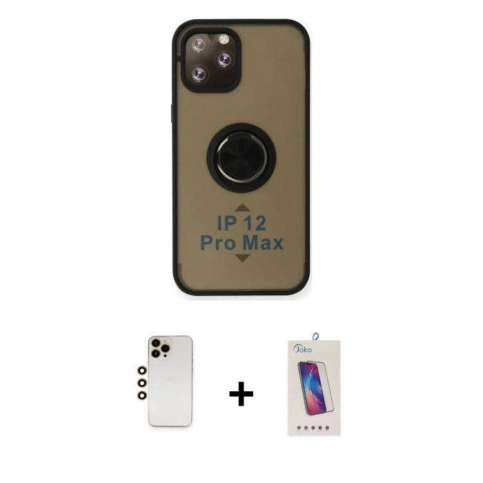 MARSİLYAN™- iPhone 12 Pro Max Kılıf Yörünge Çizgi - Siyah Joko 5D Cam + Gold Shine Kamera Lens