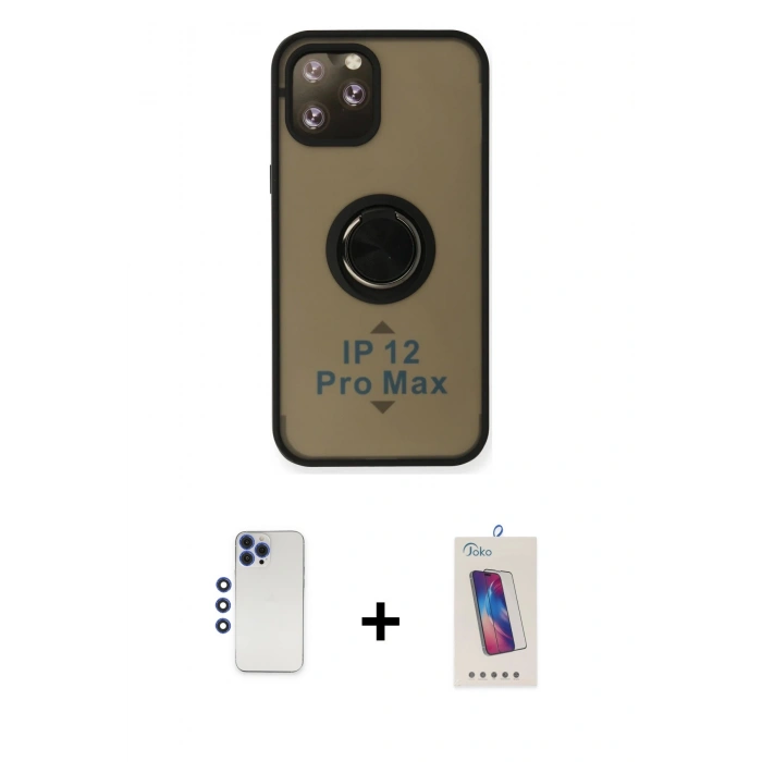 MARSİLYAN™- iPhone 12 Pro Max Kılıf Yörünge Çizgi - Siyah Joko 5D Cam + Shine Kamera Lens - LT