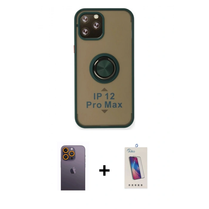MARSİLYAN™- iPhone 12 Pro Max Kılıf Yörünge Çizgi - Siyah Joko 5D Cam + Neon Fosforlu Kamera Lens - SI