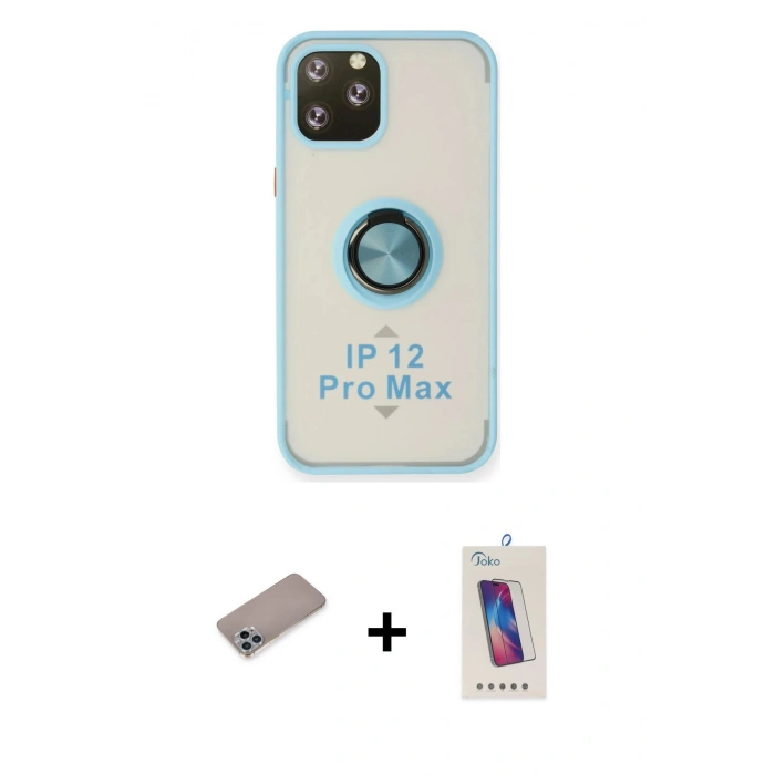 MARSİLYAN™- iPhone 12 Pro Max Kılıf Yörünge Çizgi - Siyah Joko 5D Cam + Shine Kamera Lens Koruma Cam - SABE