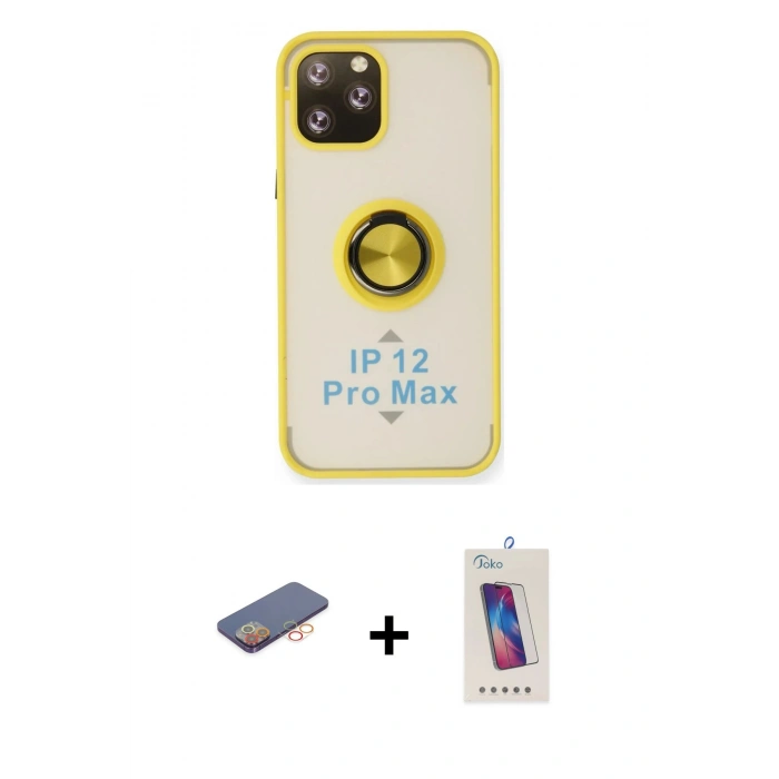 MARSİLYAN™- iPhone 12 Pro Max Kılıf Yörünge Çizgi - Siyah Joko 5D Cam + Renkli Kamera Lens Koruma Cam - TU