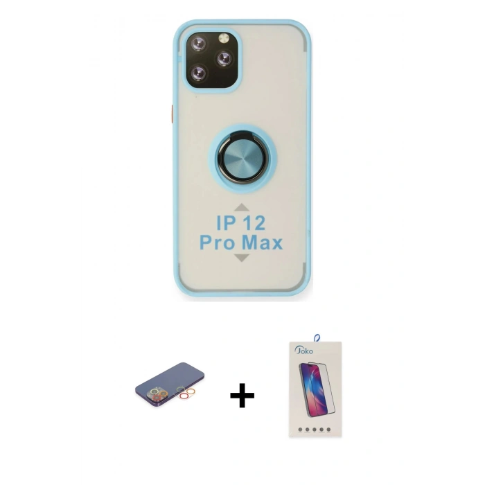MARSİLYAN™- iPhone 12 Pro Max Kılıf Yörünge Çizgi - Siyah Joko 5D Cam + Renkli Kamera Lens Koruma Cam - TU