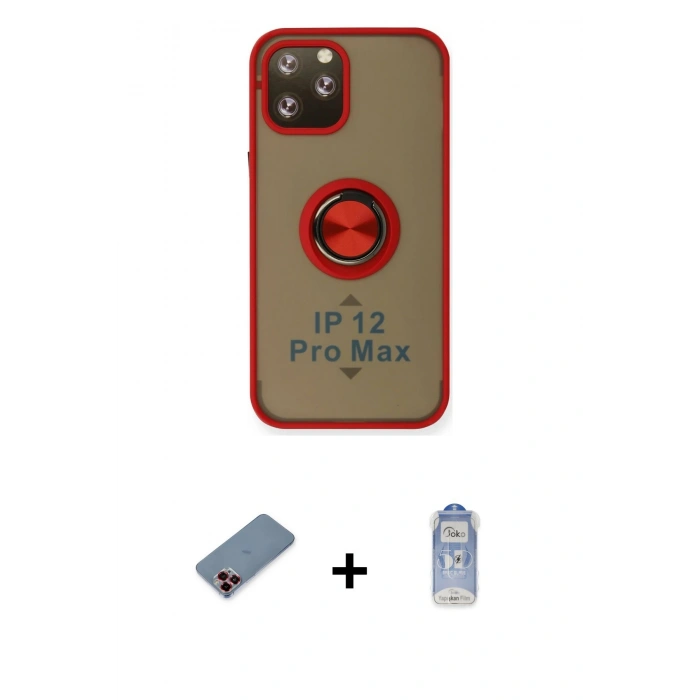 MARSİLYAN™- iPhone 12 Pro Max Kılıf Yörünge Çizgi - Siyah Joko Magic 5D Cam + Kırmızı Metal Kamera Lens Koruma Cam