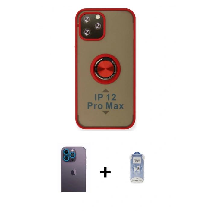 MARSİLYAN™- iPhone 12 Pro Max Kılıf Yörünge Çizgi - Siyah Joko Magic 5D Cam + Mavi Neon Fosforlu Kamera Lens
