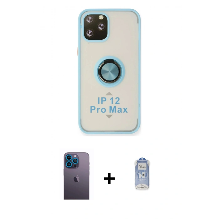 MARSİLYAN™- iPhone 12 Pro Max Kılıf Yörünge Çizgi - Siyah Joko Magic 5D Cam + Mavi Neon Fosforlu Kamera Lens