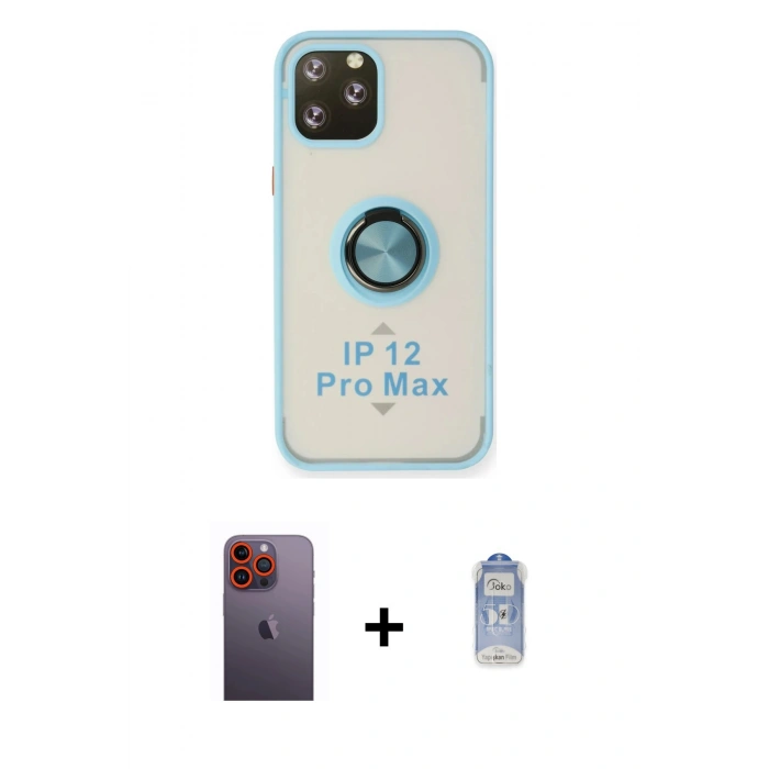MARSİLYAN™- iPhone 12 Pro Max Kılıf Yörünge Çizgi - Siyah Joko Magic 5D Cam + Neon Fosforlu Kamera Lens - TU