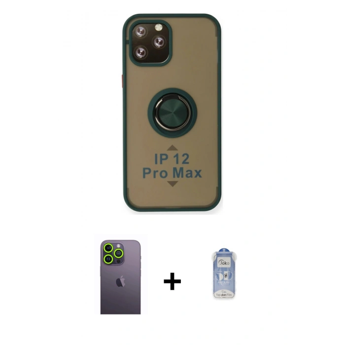 MARSİLYAN™- iPhone 12 Pro Max Kılıf Yörünge Çizgi - Siyah Joko Magic 5D Cam + Neon Fosforlu Kamera Lens - YL