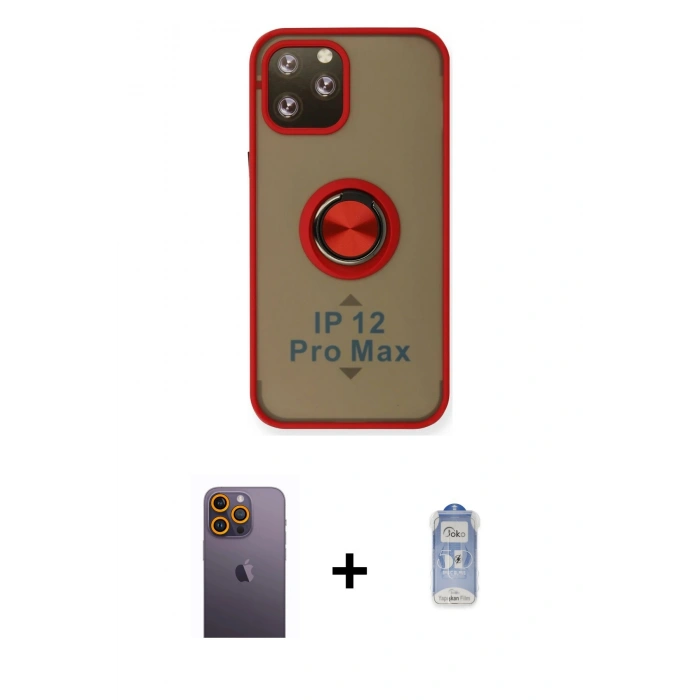 MARSİLYAN™- iPhone 12 Pro Max Kılıf Yörünge Çizgi - Siyah Joko Magic 5D Cam + Neon Fosforlu Kamera Lens - SI