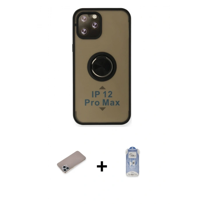 MARSİLYAN™- iPhone 12 Pro Max Kılıf Yörünge Çizgi - Siyah Joko Magic 5D Cam + Shine Kamera Lens Koruma Cam - SABE
