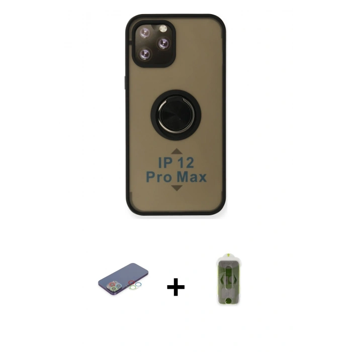 MARSİLYAN™- iPhone 12 Pro Max Kılıf Yörünge Çizgi - Siyah Joko Magic 5D Hayalet Cam + Renkli Kamera Lens Koruma Cam - MI