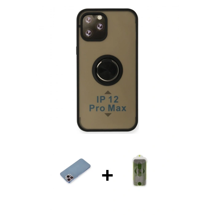 MARSİLYAN™- iPhone 12 Pro Max Kılıf Yörünge Çizgi - Siyah Joko Magic 5D Hayalet Cam + Shine Kamera Lens Koruma Cam - PE