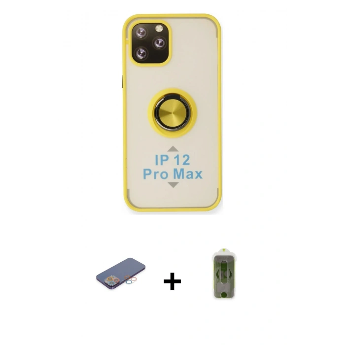 MARSİLYAN™- iPhone 12 Pro Max Kılıf Yörünge Çizgi - Siyah Joko Magic 5D Hayalet Cam + Renkli Kamera Lens Koruma Cam - PE