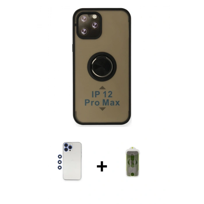 MARSİLYAN™- iPhone 12 Pro Max Kılıf Yörünge Çizgi - Siyah Joko Magic 5D Hayalet Cam + Shine Kamera Lens - LT