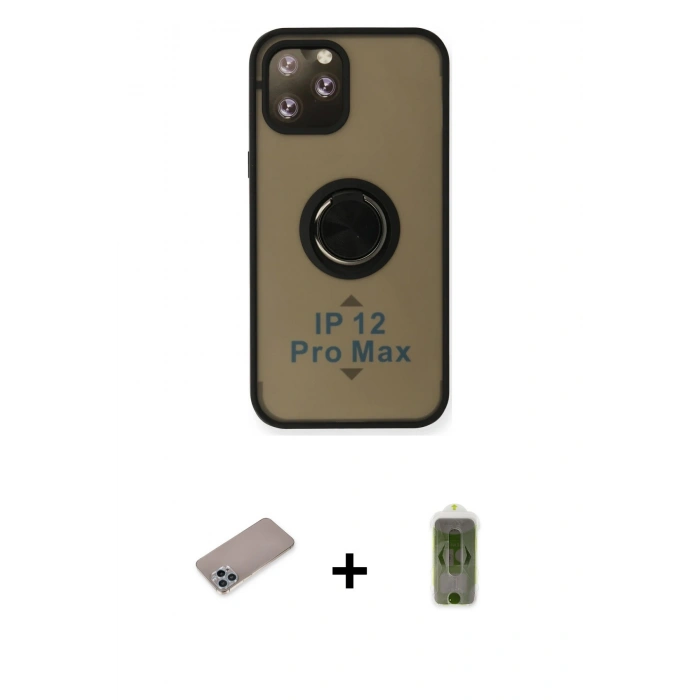 MARSİLYAN™- iPhone 12 Pro Max Kılıf Yörünge Çizgi - Siyah Joko Magic 5D Hayalet Cam + Sierra Blue Shine Kamera Lens Koruma Cam