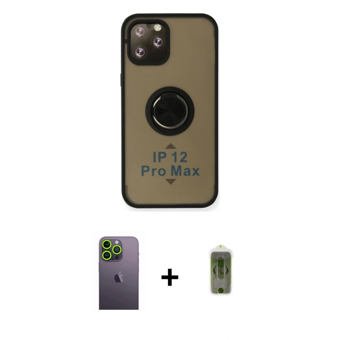 MARSİLYAN™- iPhone 12 Pro Max Kılıf Yörünge Çizgi - Siyah Joko Magic 5D Hayalet Cam + Neon Fosforlu Kamera Lens - YL