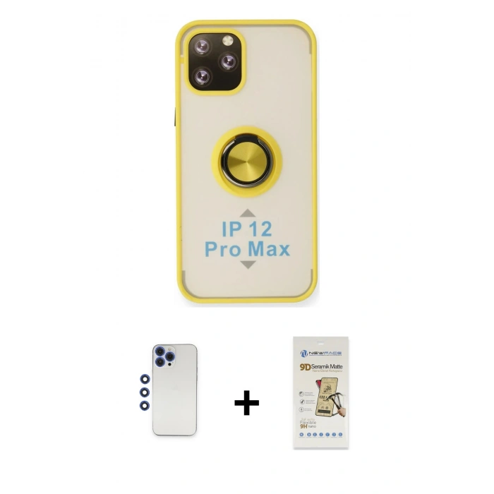 MARSİLYAN™- iPhone 12 Pro Max Kılıf Yörünge Çizgi - Siyah Mat Seramik Nano Ekran Koruyucu + Shine Kamera Lens - LT