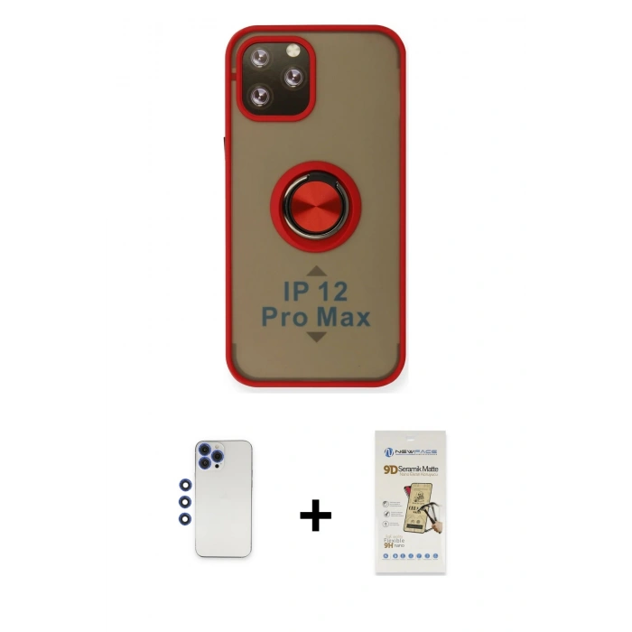 MARSİLYAN™- iPhone 12 Pro Max Kılıf Yörünge Çizgi - Siyah Mat Seramik Nano Ekran Koruyucu + Shine Kamera Lens - LT