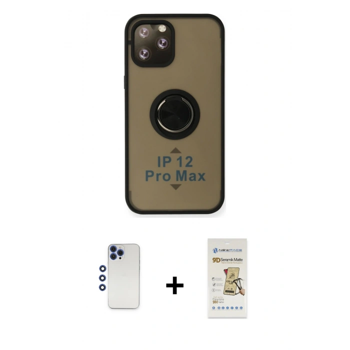 MARSİLYAN™- iPhone 12 Pro Max Kılıf Yörünge Çizgi - Siyah Mat Seramik Nano Ekran Koruyucu + Shine Kamera Lens - LT