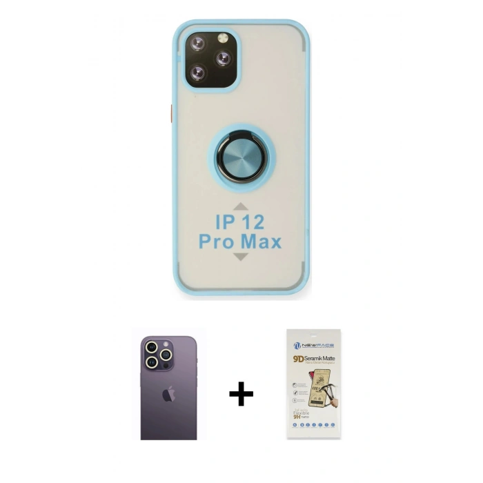 MARSİLYAN™- iPhone 12 Pro Max Kılıf Yörünge Çizgi - Siyah Mat Seramik Nano Ekran Koruyucu + Neon Fosforlu Kamera Lens - BZ