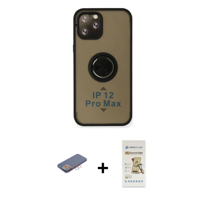 MARSİLYAN™- iPhone 12 Pro Max Kılıf Yörünge Çizgi - Siyah Mat Seramik Nano Ekran Koruyucu + Renkli Kamera Lens Koruma Cam - PE