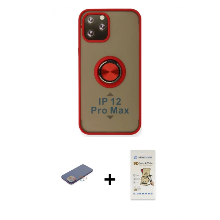 MARSİLYAN™- iPhone 12 Pro Max Kılıf Yörünge Çizgi - Siyah Mat Seramik Nano Ekran Koruyucu + Renkli Kamera Lens Koruma Cam - PE