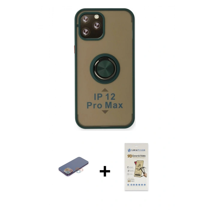 MARSİLYAN™- iPhone 12 Pro Max Kılıf Yörünge Çizgi - Siyah Mat Seramik Nano Ekran Koruyucu + Renkli Kamera Lens Koruma Cam - PE