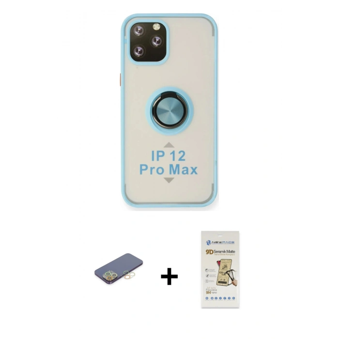 MARSİLYAN™- iPhone 12 Pro Max Kılıf Yörünge Çizgi - Siyah Mat Seramik Nano Ekran Koruyucu + Renkli Kamera Lens Koruma Cam - SI
