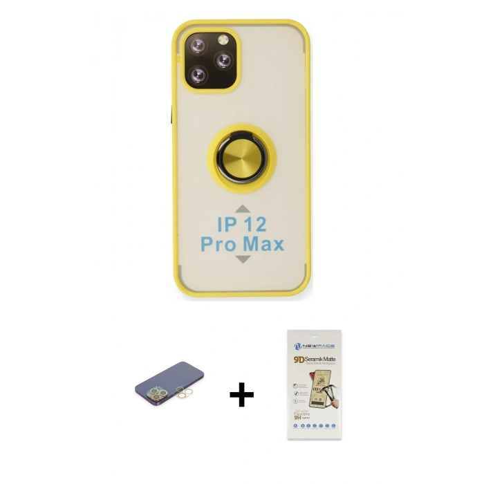 MARSİLYAN™- iPhone 12 Pro Max Kılıf Yörünge Çizgi - Siyah Mat Seramik Nano Ekran Koruyucu + Renkli Kamera Lens Koruma Cam - SI