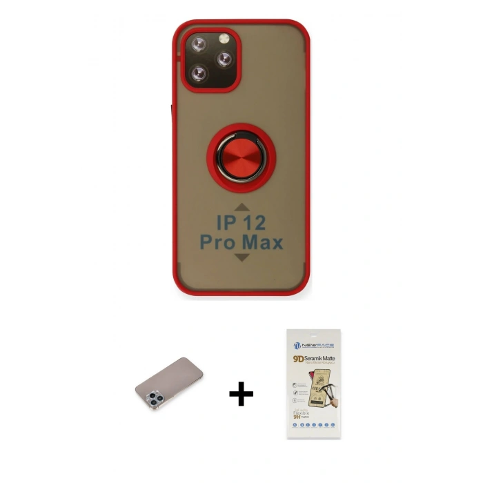 MARSİLYAN™- iPhone 12 Pro Max Kılıf Yörünge Çizgi - Siyah Mat Seramik Nano Ekran Koruyucu + Shine Kamera Lens Koruma Cam - SABE