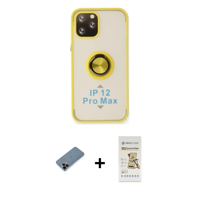 MARSİLYAN™- iPhone 12 Pro Max Kılıf Yörünge Çizgi - Siyah Mat Seramik Nano Ekran Koruyucu + Shine Kamera Lens Koruma Cam - SH