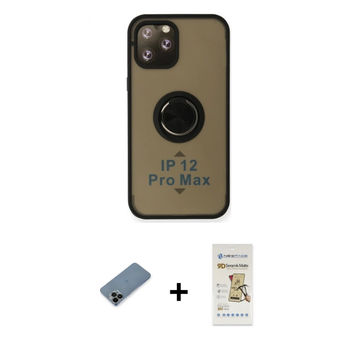 MARSİLYAN™- iPhone 12 Pro Max Kılıf Yörünge Çizgi - Siyah Mat Seramik Nano Ekran Koruyucu + Shine Kamera Lens Koruma Cam - SH