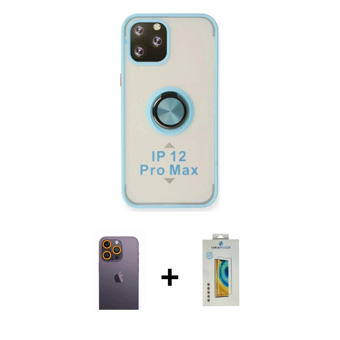 MARSİLYAN™- iPhone 12 Pro Max Kılıf Yörünge Çizgi - Siyah Polymer Nano Ekran Koruyucu + Neon Fosforlu Kamera Lens - SI