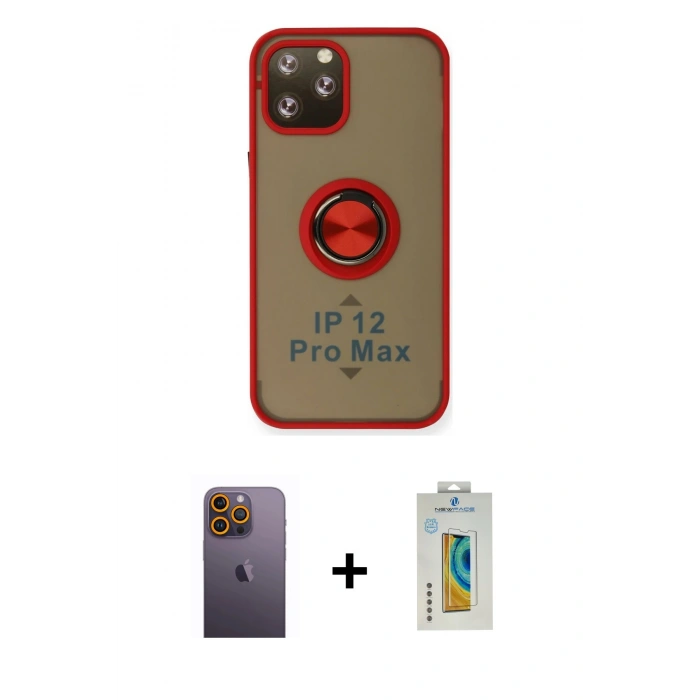 MARSİLYAN™- iPhone 12 Pro Max Kılıf Yörünge Çizgi - Siyah Polymer Nano Ekran Koruyucu + Neon Fosforlu Kamera Lens - SI
