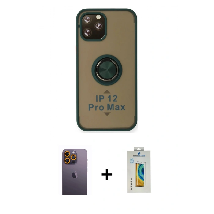 MARSİLYAN™- iPhone 12 Pro Max Kılıf Yörünge Çizgi - Siyah Polymer Nano Ekran Koruyucu + Neon Fosforlu Kamera Lens - SI