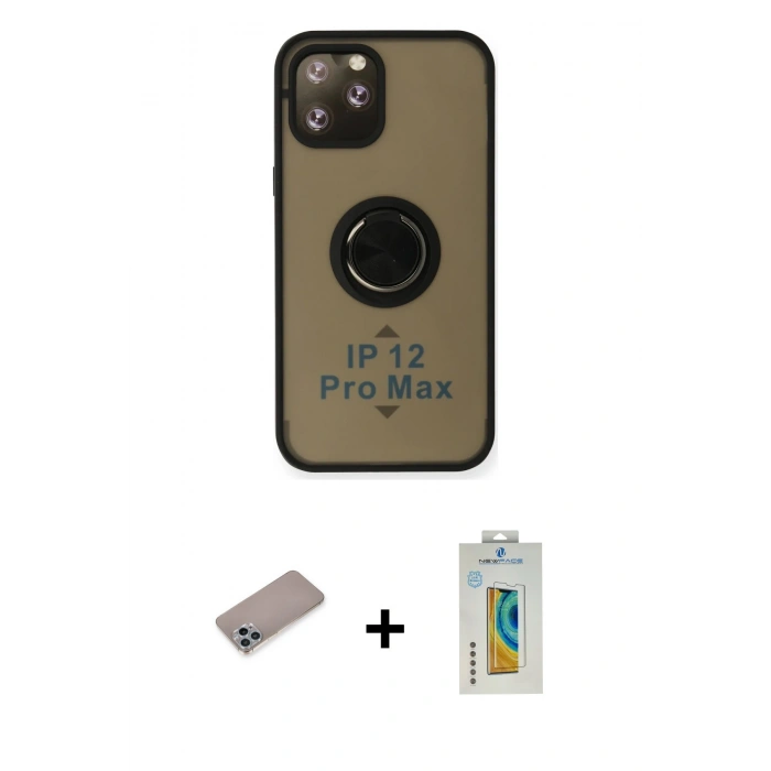 MARSİLYAN™- iPhone 12 Pro Max Kılıf Yörünge Çizgi - Siyah Polymer Nano Ekran Koruyucu + Shine Kamera Lens Koruma Cam - SABE