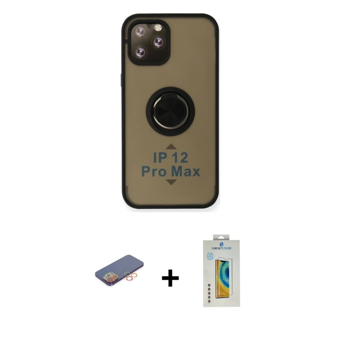MARSİLYAN™- iPhone 12 Pro Max Kılıf Yörünge Çizgi - Siyah Polymer Nano Ekran Koruyucu + Renkli Kamera Lens Koruma Cam - TU